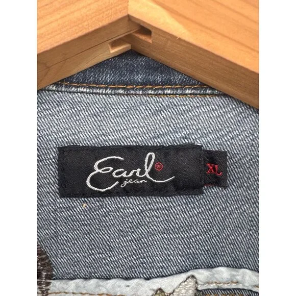 Earl Jeans Womens Jacket XL Blue Denim Trucker Embroidered Boho Floral Festival - Picture 5 of 12